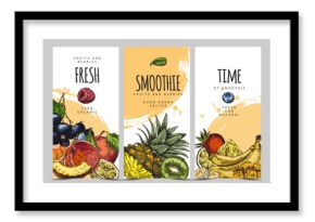 Tropical fresh fruits and berries smoothie sketch on vector design flyers set, organic natural food hand drawn
