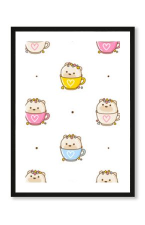Seamless pattern with cute cartoon bear shaped cupcakes isolated on white - kawaii background with asian sweets for Your design
