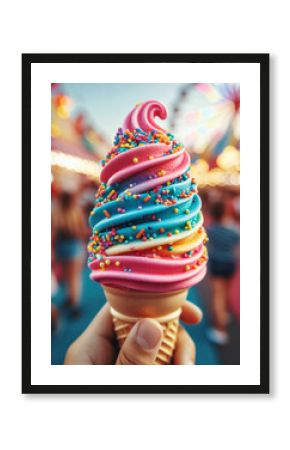 hand holding swirl rainbow ice cream in fun fair