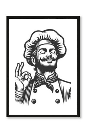italian or french chef making a perfect taste hand gesture, culinary excellence satisfaction sketch engraving generative ai fictional character vector illustration. Black and white image.