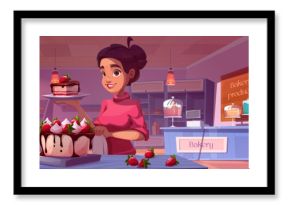 Bakery shop interior with bread, pies and cakes on showcase and racks with shelves. Woman baker or shopkeeper cuts piece of pastry for order. Cartoon vector sweet dessert confectionary store inside.