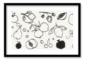 Hand drawn fruits and berries in minimalist ink brush charcoal style. Decorative vector elements for tattoo, greeting card, menu, wedding invitation. Black silhouette outline olive isolated on white.