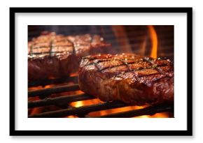 Steaks sizzling on grill amid flames
