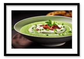 Green pea and bacon soup in a bowl