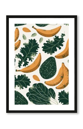 Seamless pattern with bananas and kale with avocado. Fresh food background. Vector illustration
