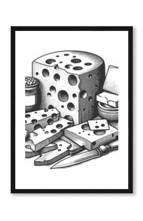 cheese assortment, featuring a large wheel, slices, and a cheese knife sketch engraving generative ai fictional character vector illustration. Scratch board imitation. Black and white image.
