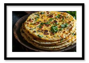 Aloo Paratha: Indian Flatbread Stuffed with Spiced Potatoes. Concept Indian Cuisine, Vegetarian Dish, Stuffed Bread, Spiced Potatoes, Breakfast Option