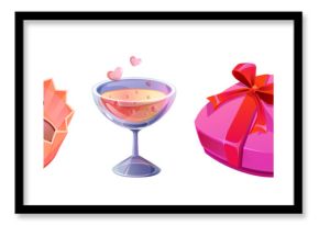 Romantic gifts set isolated on white background. Vector cartoon illustration of sweet chocolate candy, cocktail glass, heart shape pink box with red ribbon bow, wine bottle, romantic date elements