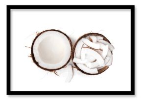 Pieces of fresh coconut isolated on white, top view