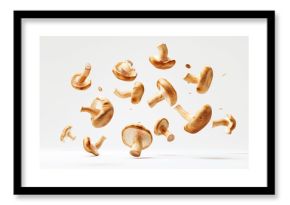 Sliced ​​shiitake mushrooms float in the air on a white background.