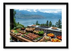 Large buffet table is set up outside with beautiful view of the lake.