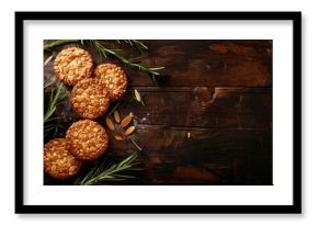 Dawn Remembrance - Anzac Biscuits with Rosemary on Rustic Table for Anzac Day