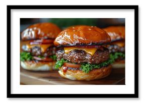 Get close-up shots of a plate of gourmet sliders, featuring mini burgers topped with cheese, lettuce, tomato, and a dollop