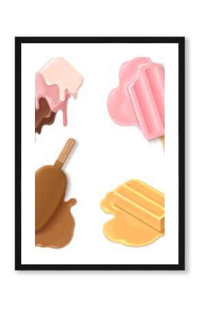 Melted ice cream on stick. Pink berry, chocolate, caramel and multicolor popsicle thawing laying on floor and dripping. Realistic 3d vector illustration set of cold sweet dessert on summertime.