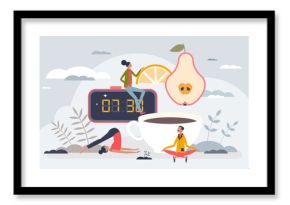 Morning routines as activities after waking up from sleep tiny person concept. Alarm clock, healthy breakfast, coffee drinking and morning yoga ritual for body and mind wellness vector illustration.