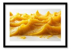 On a white background, yellow mango pulp is isolated