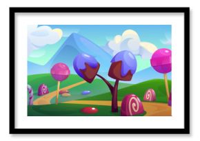 Candy land game background. Vector cartoon illustration of green mountain valley with caramel lollipops, chocolate sweets along road, fairytale scenery under blue sky with clouds, confectionery world