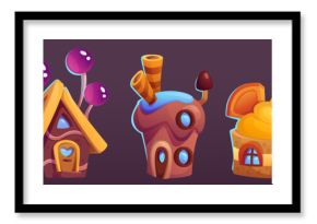 Candy land houses made of waffles and cookies, cake with cream and chocolate, lollipop and dessert sticks. Carton vector illustration set of candyland sweet home. Childish dreamland landscape elements