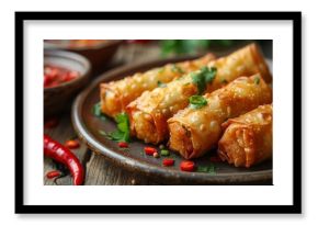 Zoom in on a plate of crispy spring rolls, featuring golden-brown wrappers filled with a savory mixture of vegetables, shrimp