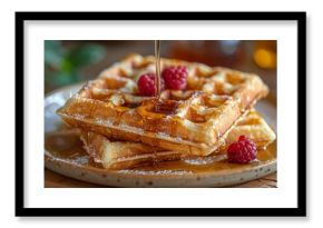 Get close-up shots of a plate of fluffy Belgian waffles, featuring crisp edges, tender interior, and a drizzle of maple
