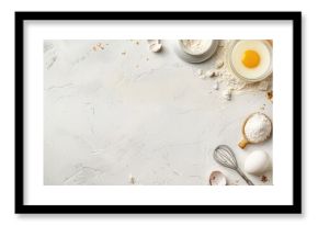 Easter bakery theme with a selection of baking essentials like sugar, butter, yogurt, eggs, and flour arranged from a top view, with empty space for text.