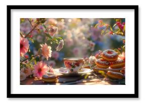 Savor a quintessential English tea break amidst a picturesque scene of flowers and donuts basking in the warm sunlight
