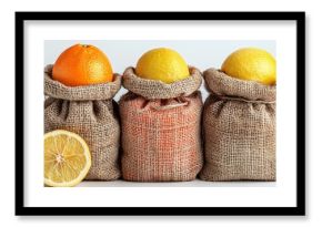Burlap sacks filled with lemons in fresh flavors, cut outs