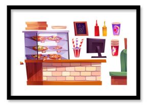 Pizza restaurant design elements set isolated on white background. Vector cartoon illustration of oven, Italian fast food on glass display, cash desk counter, paper cups and boxes for delivery service
