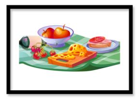 Food served on picnic blanket isolated on white background. Vector cartoon illustration of fruit, sandwich, cocktail glasses, wine bottle, cheese on green checkered mat, outdoor dinner design element