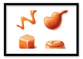 Milk toffee caramel splash and candy. Realistic 3d vector illustration set of liquid sweet dessert sauce or syrup drop. Brown confection cube, lozenge and spilled droplets. Sugary food piece and drip.