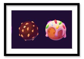 Cute candy planet for fantasy game ui universe design. Cartoon vector illustration set of funny sweet dessert confectionery balls made of lollipop, ice cream, chocolate with nut chips, cake with icing