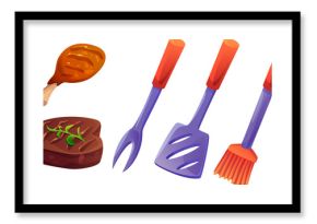 Bbq meat and tools cartoon collection. Vector illustration set of grill meal and supplies for cooking - chicken or turkey leg on bone, pork or beef steak and spatula, fork and brush for barbecue.