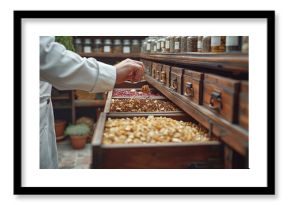 Traditional Apothecary Worker Selecting Herbs from Wooden Drawers