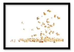 Creative food template. Popcorn corn kernel grains falling flying flow fall fly levitate scattered on transparent cutout PNG. Mockup for artwork graphic design  