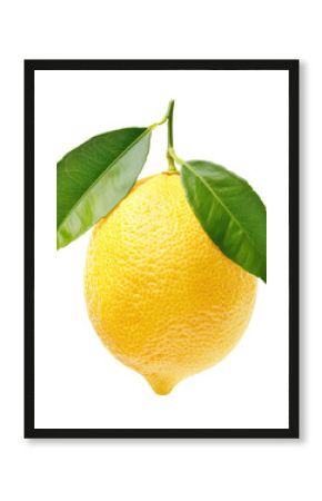 Twig with lemon and two leaves isolated on transparent background