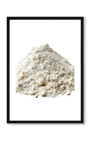 Large pile of white flour is sitting on a white background, making a mess