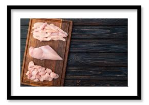 Raw chicken meat fillet ( breast ) Various of cutting in form slice and cube