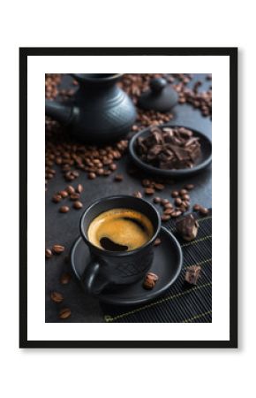 Turkish espresso coffee in a black ceramic cup