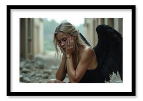 Young blonde woman with black angel wings sits crying in ruins after apocalypse. She is sad and depressed. Symbol of despair and loss. Conceptual art of fallen angel. Desolate world environment.