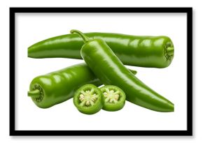 Group of fresh green chili peppers with one sliced to show inside, placed on a clean white background looking spicy, fresh, and perfect for cooking spicy dishes.