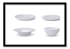 White plate. Dish side view, empty aerial dinner shot above blank porcelain dinner crockery, lunch place top, dinner tableware different forms, serving bowl. Vector 3d isolated object