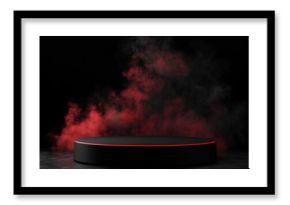 Dark, red-lit circular platform on a dark concrete floor, with smoky effect