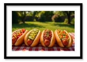 Hot Dogs With Various Toppings on a Picnic Table in a Sunny Park Setting