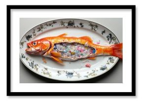 Fish filled with microplastics lying on elegant plate symbolizing ocean pollution