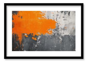 Bold splash of orange paint on a textured grey wall, creating an abstract pattern. illustration