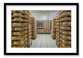 Aging Ossau-Iraty cheese on shelves in a maturing cellar in the Pyrenees