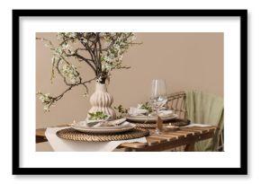 Elegant table setting with plates, burning candle and blooming tree branches