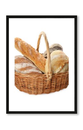 Different loaves of fresh bread in basket isolated on white