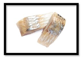 Pieces of delicious herring isolated on white, top view