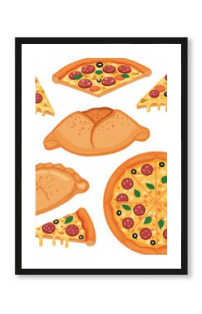 Assorted pizza slices and calzones in flat style with melted cheese and toppings vector illustration
